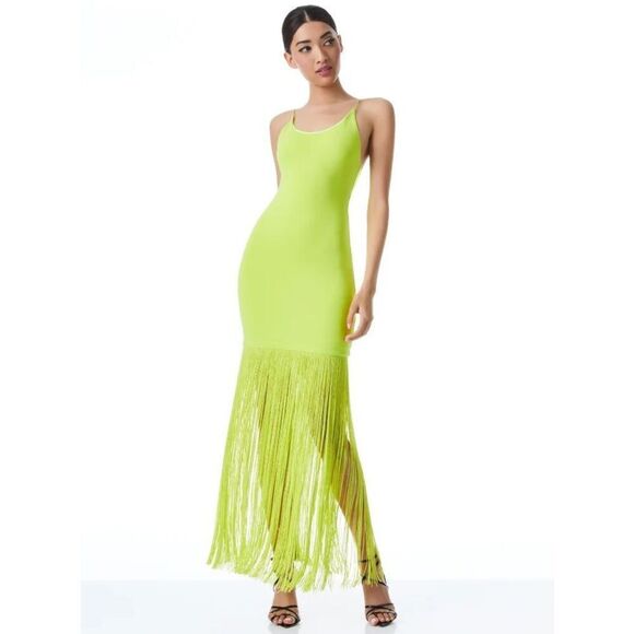 Alice + Olivia STEPH SCOOP NECK FRINGE DRESS in citron size 8 NWT - Picture 3 of 11